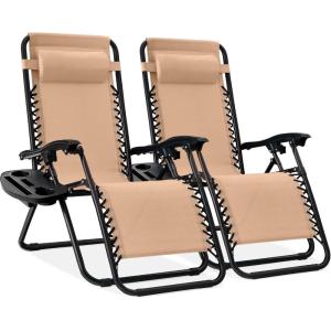 imageBest Choice Products Set of 2 Extra Wide Adjustable Steel Mesh Zero Gravity Lounge Chair Recliners wPillows and Cup Holder Trays  Peacock Blue StripesBeige