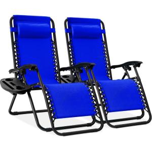 imageBest Choice Products Set of 2 Extra Wide Adjustable Steel Mesh Zero Gravity Lounge Chair Recliners wPillows and Cup Holder Trays  Peacock Blue StripesCobalt Blue