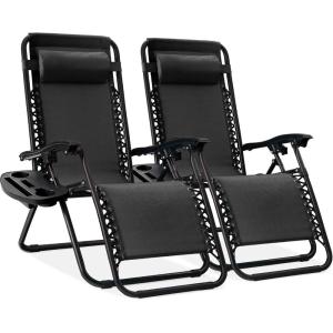 imageBest Choice Products Set of 2 Extra Wide Adjustable Steel Mesh Zero Gravity Lounge Chair Recliners wPillows and Cup Holder Trays  Peacock Blue StripesBlack