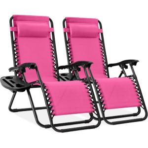 imageBest Choice Products Set of 2 Extra Wide Adjustable Steel Mesh Zero Gravity Lounge Chair Recliners wPillows and Cup Holder Trays  Peacock Blue StripesHot Pink