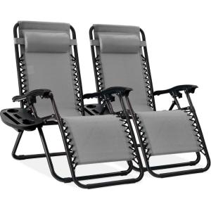 imageBest Choice Products Set of 2 Extra Wide Adjustable Steel Mesh Zero Gravity Lounge Chair Recliners wPillows and Cup Holder Trays  Peacock Blue StripesIce Gray