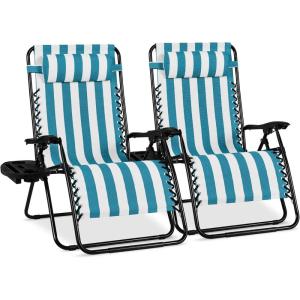 imageBest Choice Products Set of 2 Extra Wide Adjustable Steel Mesh Zero Gravity Lounge Chair Recliners wPillows and Cup Holder Trays  Peacock Blue StripesPeacock Blue Stripes