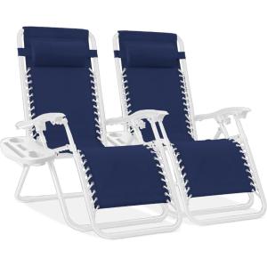 imageBest Choice Products Set of 2 Extra Wide Adjustable Steel Mesh Zero Gravity Lounge Chair Recliners wPillows and Cup Holder Trays  Peacock Blue StripesNavyWhite