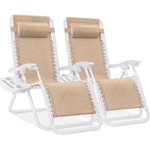 imageBest Choice Products Set of 2 Extra Wide Adjustable Steel Mesh Zero Gravity Lounge Chair Recliners wPillows and Cup Holder Trays  Peacock Blue StripesSandWhite