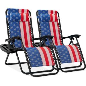 imageBest Choice Products Set of 2 Extra Wide Adjustable Steel Mesh Zero Gravity Lounge Chair Recliners wPillows and Cup Holder Trays  Peacock Blue StripesAmerican Flag