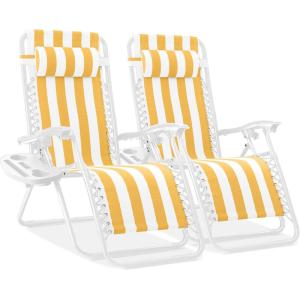 imageBest Choice Products Set of 2 Extra Wide Adjustable Steel Mesh Zero Gravity Lounge Chair Recliners wPillows and Cup Holder Trays  Peacock Blue StripesMarigold Striped