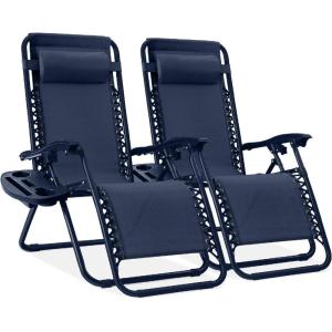 imageBest Choice Products Set of 2 Extra Wide Adjustable Steel Mesh Zero Gravity Lounge Chair Recliners wPillows and Cup Holder Trays  Peacock Blue StripesNavy
