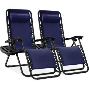 imageBest Choice Products Set of 2 Extra Wide Adjustable Steel Mesh Zero Gravity Lounge Chair Recliners wPillows and Cup Holder Trays  Peacock Blue StripesNavy Blue