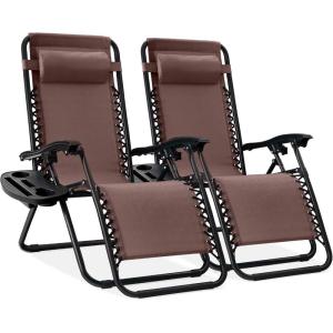 imageBest Choice Products Set of 2 Extra Wide Adjustable Steel Mesh Zero Gravity Lounge Chair Recliners wPillows and Cup Holder Trays  Peacock Blue StripesBrown