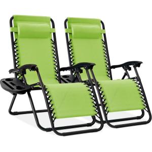 imageBest Choice Products Set of 2 Extra Wide Adjustable Steel Mesh Zero Gravity Lounge Chair Recliners wPillows and Cup Holder Trays  Peacock Blue StripesLime Green