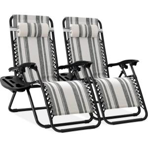 imageBest Choice Products Set of 2 Extra Wide Adjustable Steel Mesh Zero Gravity Lounge Chair Recliners wPillows and Cup Holder Trays  Peacock Blue StripesGray Stripes
