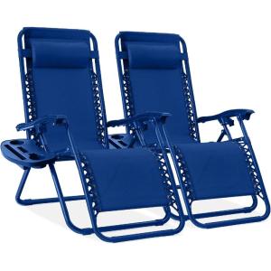 imageBest Choice Products Set of 2 Extra Wide Adjustable Steel Mesh Zero Gravity Lounge Chair Recliners wPillows and Cup Holder Trays  Peacock Blue StripesMarine