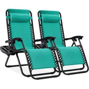imageBest Choice Products Set of 2 Extra Wide Adjustable Steel Mesh Zero Gravity Lounge Chair Recliners wPillows and Cup Holder Trays  Peacock Blue StripesMint