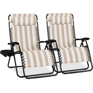 imageBest Choice Products Set of 2 Extra Wide Adjustable Steel Mesh Zero Gravity Lounge Chair Recliners wPillows and Cup Holder Trays  Peacock Blue StripesTan Stripes