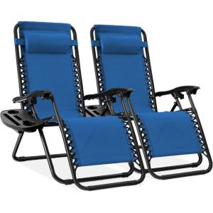 imageBest Choice Products Set of 2 Extra Wide Adjustable Steel Mesh Zero Gravity Lounge Chair Recliners wPillows and Cup Holder Trays  Peacock Blue StripesMarine Blue
