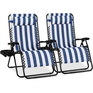 imageBest Choice Products Set of 2 Extra Wide Adjustable Steel Mesh Zero Gravity Lounge Chair Recliners wPillows and Cup Holder Trays  Peacock Blue StripesMediterranean Blue Stripes