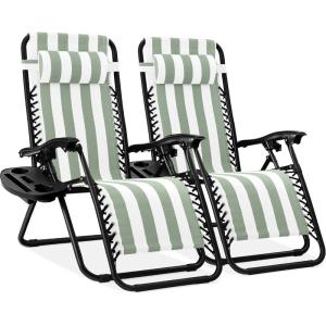 imageBest Choice Products Set of 2 Extra Wide Adjustable Steel Mesh Zero Gravity Lounge Chair Recliners wPillows and Cup Holder Trays  Peacock Blue StripesSage Striped