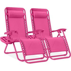 imageBest Choice Products Set of 2 Extra Wide Adjustable Steel Mesh Zero Gravity Lounge Chair Recliners wPillows and Cup Holder Trays  Peacock Blue StripesUltimate Pink
