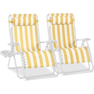 imageBest Choice Products Set of 2 Extra Wide Adjustable Steel Mesh Zero Gravity Lounge Chair Recliners wPillows and Cup Holder Trays  Peacock Blue StripesMarigold StripesWhite
