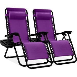 imageBest Choice Products Set of 2 Extra Wide Adjustable Steel Mesh Zero Gravity Lounge Chair Recliners wPillows and Cup Holder Trays  Peacock Blue StripesAmethyst Purple