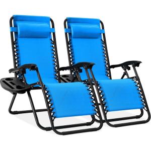 imageBest Choice Products Set of 2 Extra Wide Adjustable Steel Mesh Zero Gravity Lounge Chair Recliners wPillows and Cup Holder Trays  Peacock Blue StripesLight Blue