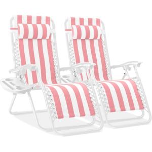 imageBest Choice Products Set of 2 Extra Wide Adjustable Steel Mesh Zero Gravity Lounge Chair Recliners wPillows and Cup Holder Trays  Peacock Blue StripesFlamingo Striped