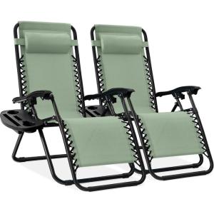imageBest Choice Products Set of 2 Extra Wide Adjustable Steel Mesh Zero Gravity Lounge Chair Recliners wPillows and Cup Holder Trays  Peacock Blue StripesSage Green