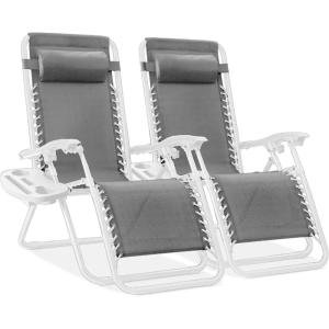 imageBest Choice Products Set of 2 Extra Wide Adjustable Steel Mesh Zero Gravity Lounge Chair Recliners wPillows and Cup Holder Trays  Peacock Blue StripesIce GrayWhite