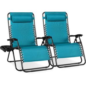 imageBest Choice Products Set of 2 Extra Wide Adjustable Steel Mesh Zero Gravity Lounge Chair Recliners wPillows and Cup Holder Trays  Peacock Blue StripesPeacock Blue