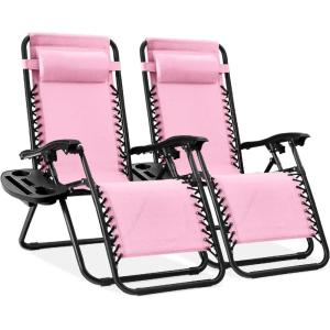 imageBest Choice Products Set of 2 Extra Wide Adjustable Steel Mesh Zero Gravity Lounge Chair Recliners wPillows and Cup Holder Trays  Peacock Blue StripesBubblegum Pink