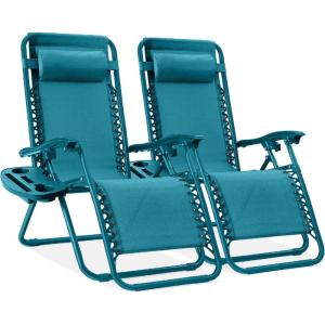 imageBest Choice Products Set of 2 Extra Wide Adjustable Steel Mesh Zero Gravity Lounge Chair Recliners wPillows and Cup Holder Trays  Peacock Blue StripesPeacock