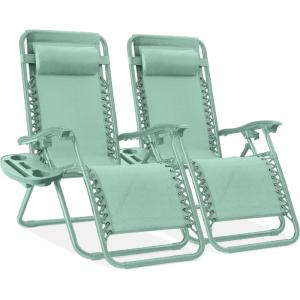 imageBest Choice Products Set of 2 Extra Wide Adjustable Steel Mesh Zero Gravity Lounge Chair Recliners wPillows and Cup Holder Trays  Peacock Blue StripesSeafoam