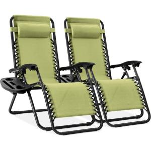 imageBest Choice Products Set of 2 Extra Wide Adjustable Steel Mesh Zero Gravity Lounge Chair Recliners wPillows and Cup Holder Trays  Peacock Blue StripesDusty Green