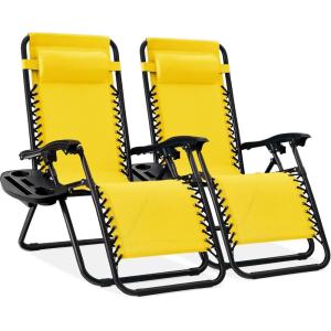 imageBest Choice Products Set of 2 Extra Wide Adjustable Steel Mesh Zero Gravity Lounge Chair Recliners wPillows and Cup Holder Trays  Peacock Blue StripesSunflower Yellow