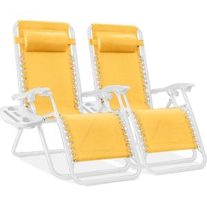 imageBest Choice Products Set of 2 Extra Wide Adjustable Steel Mesh Zero Gravity Lounge Chair Recliners wPillows and Cup Holder Trays  Peacock Blue StripesMarigoldWhite