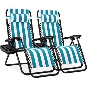 imageBest Choice Products Set of 2 Extra Wide Adjustable Steel Mesh Zero Gravity Lounge Chair Recliners wPillows and Cup Holder Trays  Peacock Blue StripesPeacock Striped