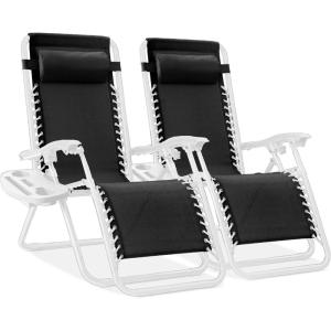 imageBest Choice Products Set of 2 Extra Wide Adjustable Steel Mesh Zero Gravity Lounge Chair Recliners wPillows and Cup Holder Trays  Peacock Blue StripesBlackWhite