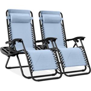 imageBest Choice Products Set of 2 Extra Wide Adjustable Steel Mesh Zero Gravity Lounge Chair Recliners wPillows and Cup Holder Trays  Peacock Blue StripesDusty Blue