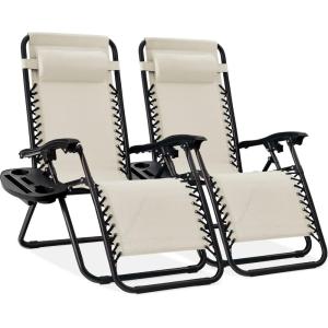 imageBest Choice Products Set of 2 Extra Wide Adjustable Steel Mesh Zero Gravity Lounge Chair Recliners wPillows and Cup Holder Trays  Peacock Blue StripesIvory