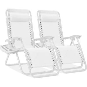 imageBest Choice Products Set of 2 Extra Wide Adjustable Steel Mesh Zero Gravity Lounge Chair Recliners wPillows and Cup Holder Trays  Peacock Blue StripesSnow