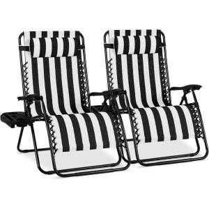 imageBest Choice Products Set of 2 Extra Wide Adjustable Steel Mesh Zero Gravity Lounge Chair Recliners wPillows and Cup Holder Trays  Peacock Blue StripesBlack Stripes