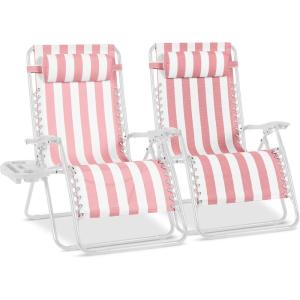 imageBest Choice Products Set of 2 Extra Wide Adjustable Steel Mesh Zero Gravity Lounge Chair Recliners wPillows and Cup Holder Trays  Peacock Blue StripesFlamingo StripesWhite