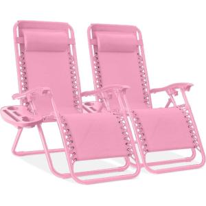 imageBest Choice Products Set of 2 Extra Wide Adjustable Steel Mesh Zero Gravity Lounge Chair Recliners wPillows and Cup Holder Trays  Peacock Blue StripesCarnation
