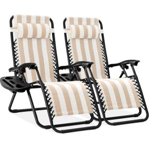 imageBest Choice Products Set of 2 Extra Wide Adjustable Steel Mesh Zero Gravity Lounge Chair Recliners wPillows and Cup Holder Trays  Peacock Blue StripesTan Striped