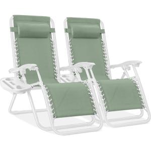 imageBest Choice Products Set of 2 Extra Wide Adjustable Steel Mesh Zero Gravity Lounge Chair Recliners wPillows and Cup Holder Trays  Peacock Blue StripesSage GreenWhite