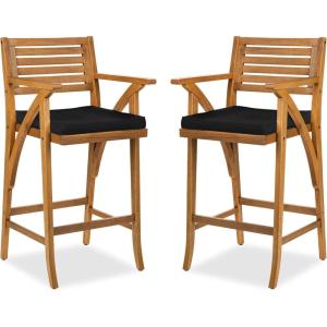 imageBest Choice Products Set of 2 Outdoor Acacia Wood Bar Stools Bar Chairs for Patio Pool Garden wWeatherResistant Cushions  CreamBlack