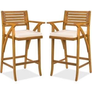 imageBest Choice Products Set of 2 Outdoor Acacia Wood Bar Stools Bar Chairs for Patio Pool Garden wWeatherResistant Cushions  CreamCream