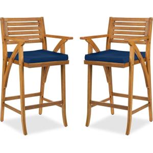 imageBest Choice Products Set of 2 Outdoor Acacia Wood Bar Stools Bar Chairs for Patio Pool Garden wWeatherResistant Cushions  CreamNavy