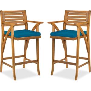 imageBest Choice Products Set of 2 Outdoor Acacia Wood Bar Stools Bar Chairs for Patio Pool Garden wWeatherResistant Cushions  CreamPeacock Blue