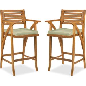 imageBest Choice Products Set of 2 Outdoor Acacia Wood Bar Stools Bar Chairs for Patio Pool Garden wWeatherResistant Cushions  CreamSage